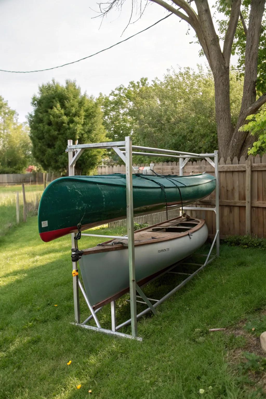 A metal rack provides robust storage for multiple canoes.