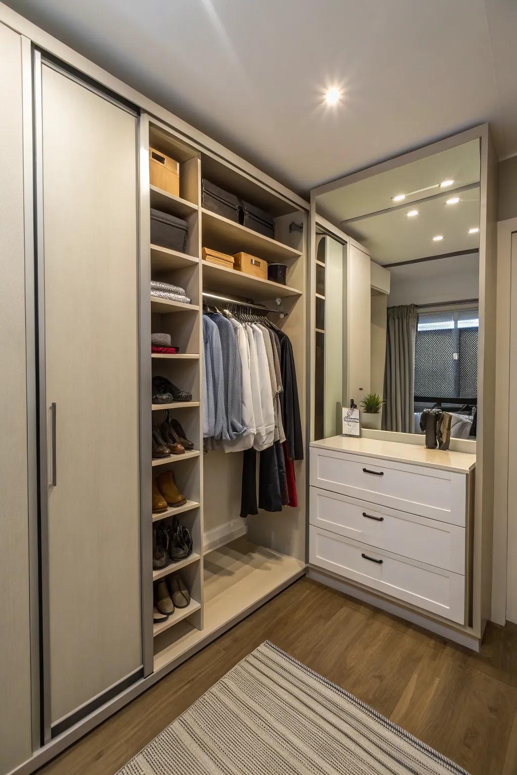 A slide-out mirror adds functionality to a compact closet space.