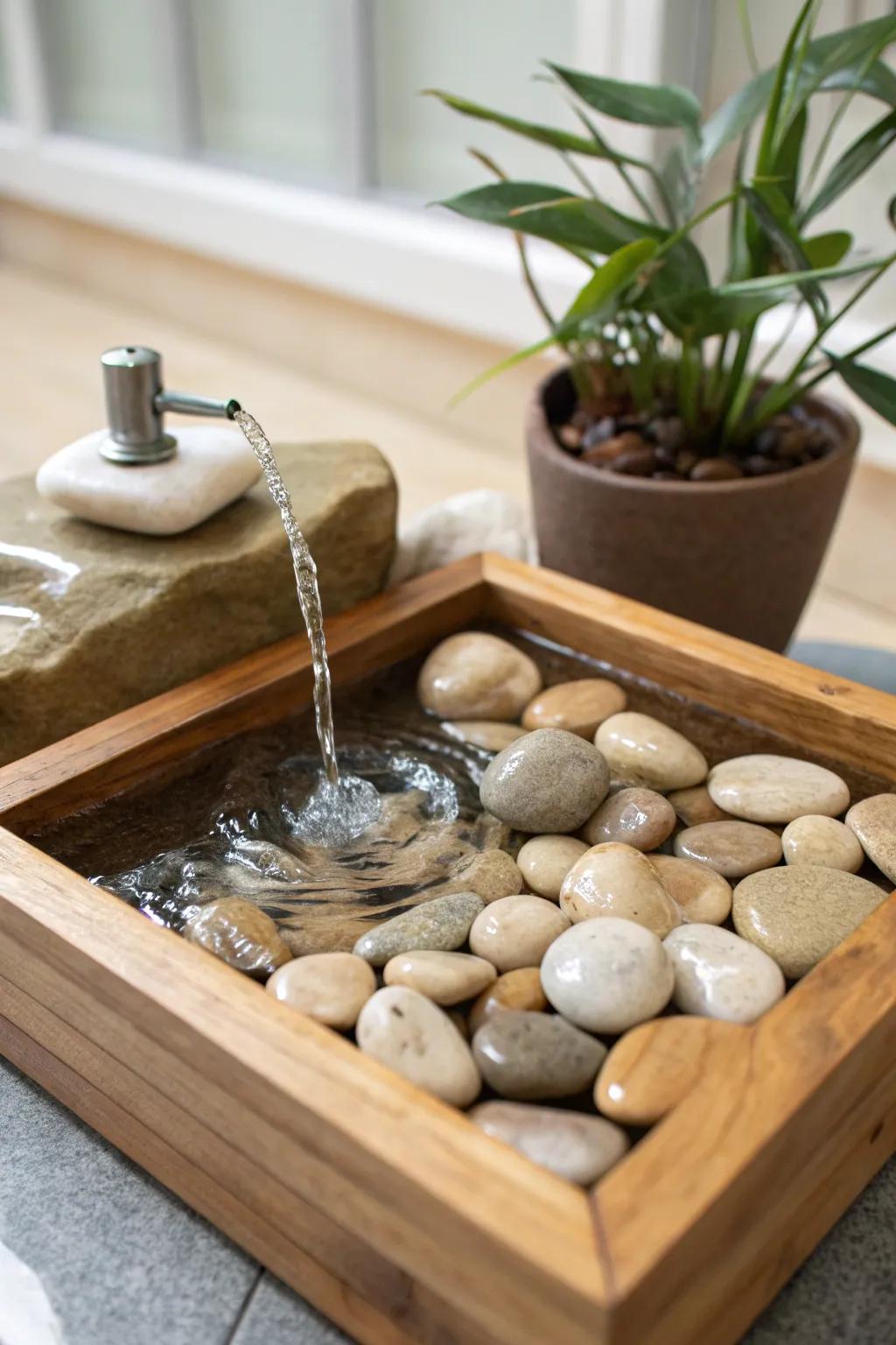 Bring serenity indoors with a minimalist rock garden fountain. Perfectly crafted for small spaces.