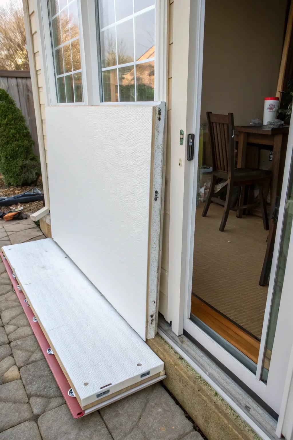 Foam board insulates unused doors effectively.