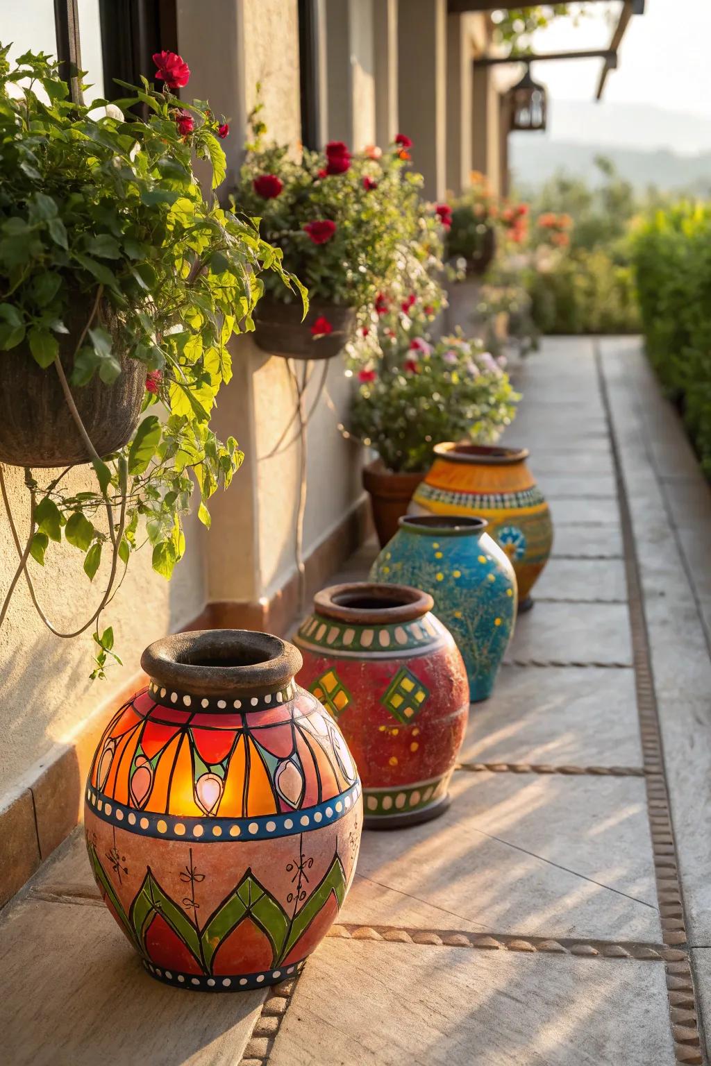 Clay pot lanterns are a playful addition to outdoor decor.