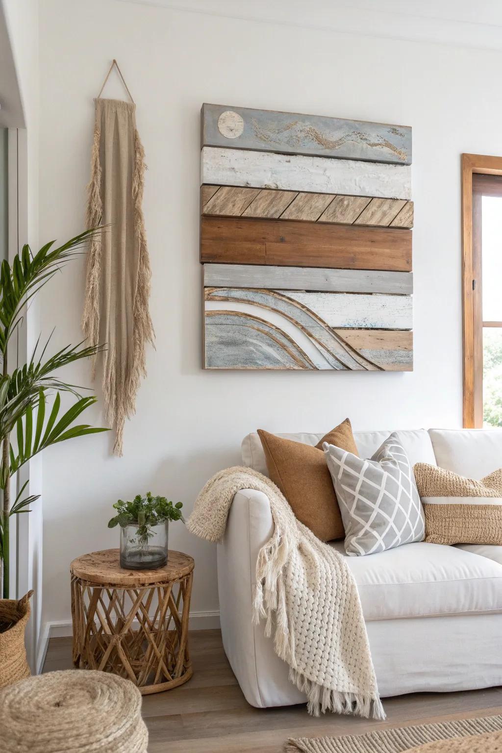 Elevate your living space with this stunning mixed media masterpiece - where wood, metal, and paint come together in perfect harmony.