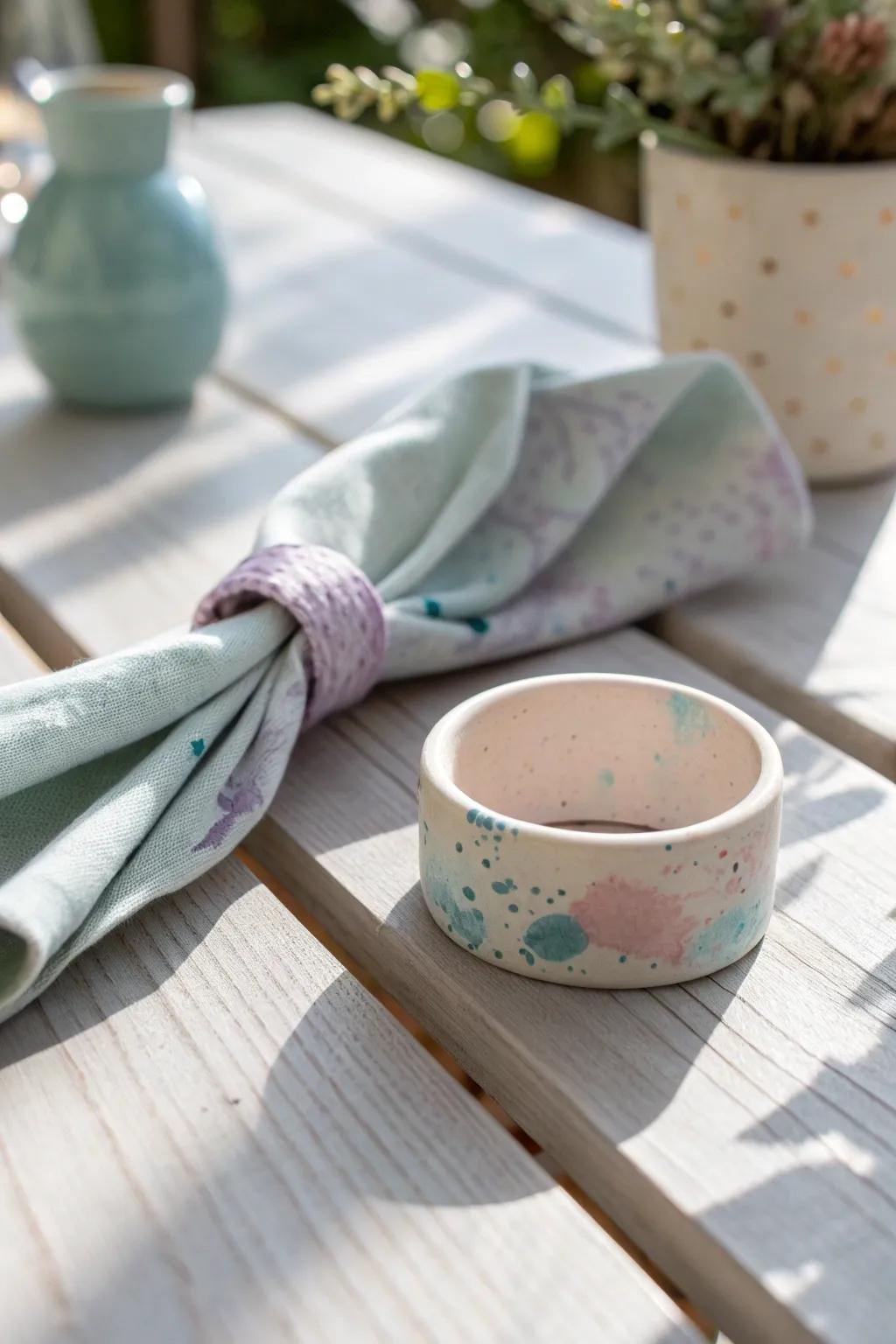Elevate your table setting with these chic, splatter-painted clay napkin rings, where simplicity meets artistic flair.