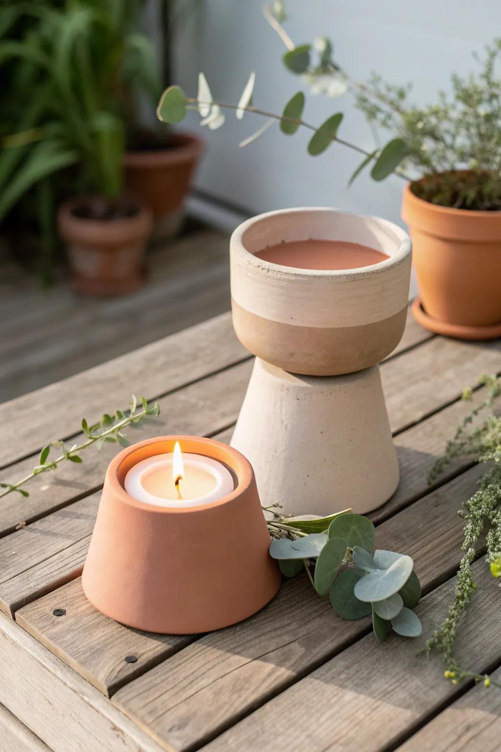 Transform your patio with charming terracotta candle holders for a warm, inviting glow.