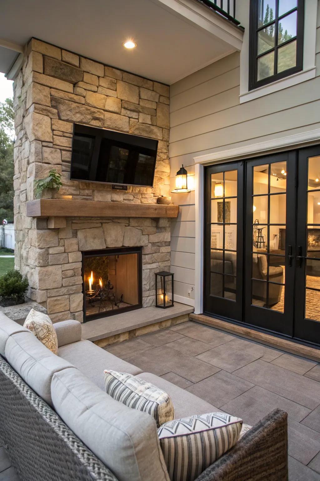 Maximize small spaces with a clever TV placement above a stone fireplace.