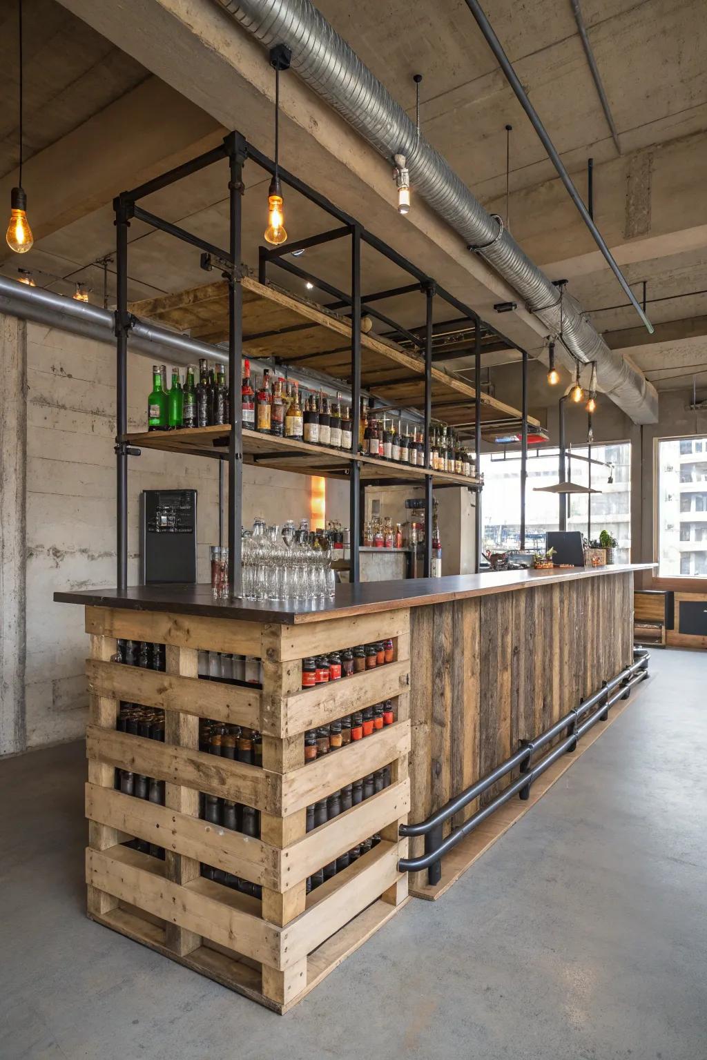 An industrial chic pallet bar with metal accents for a modern edge.