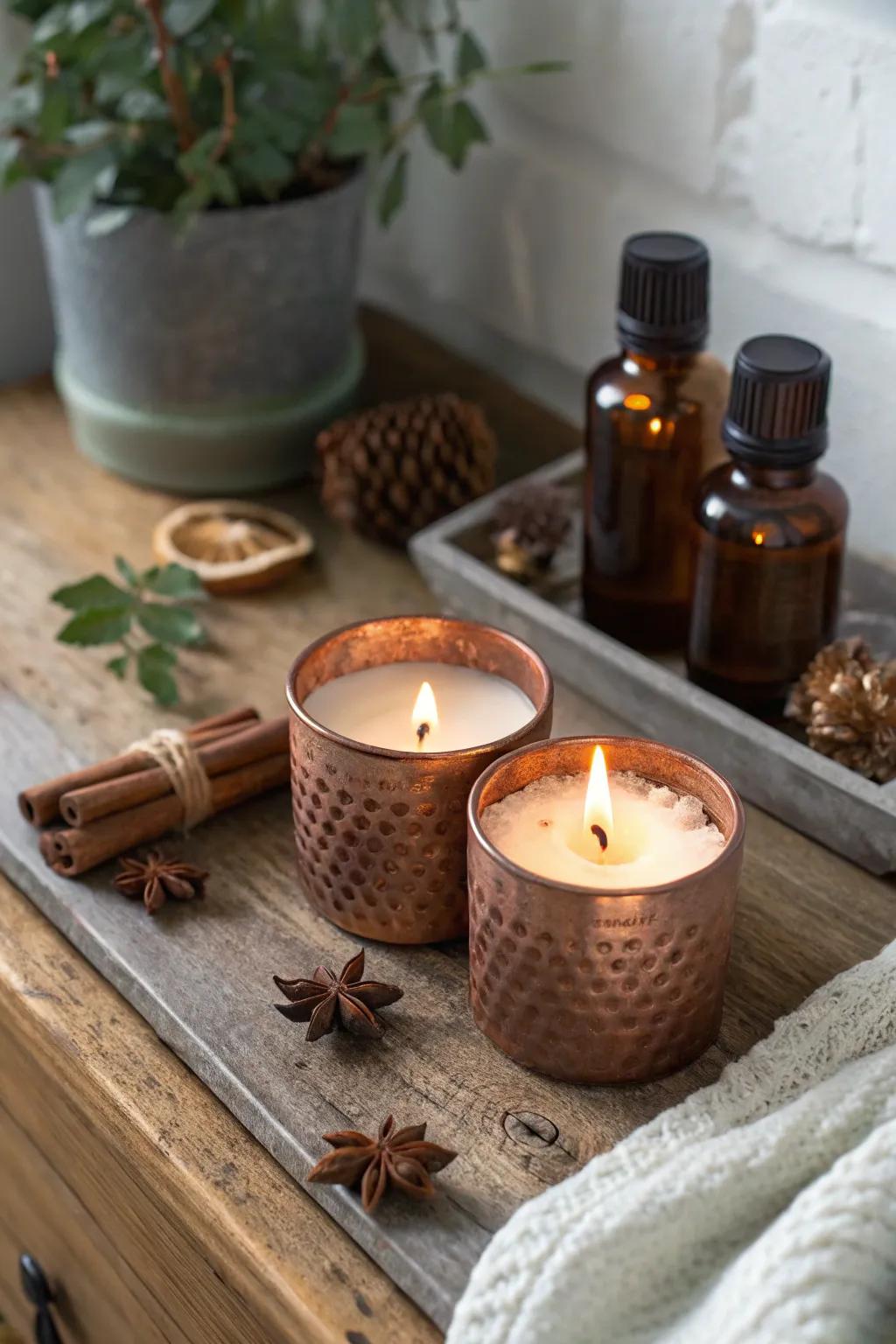 Handcrafted scented candles, perfect for creating a cozy atmosphere.