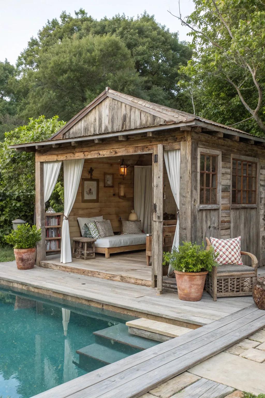 A rustic cabana offers a warm and inviting poolside haven.