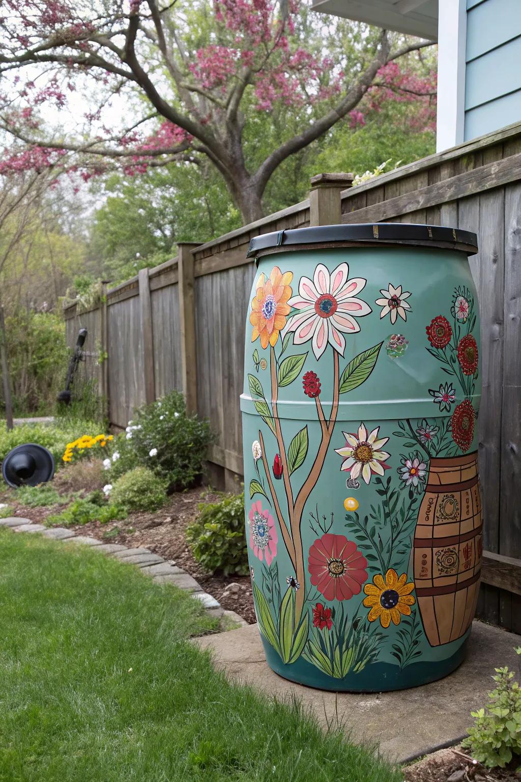 An artistically painted rain barrel adds a splash of color and character to the garden.