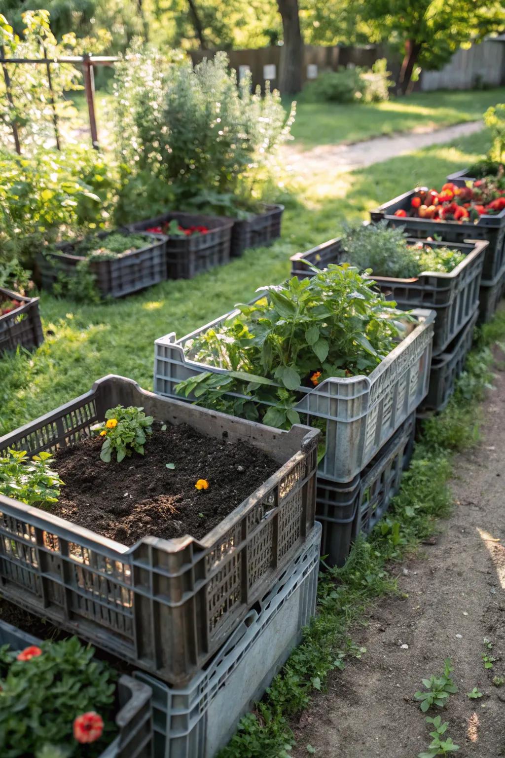 Portable raised garden beds using plastic crates.