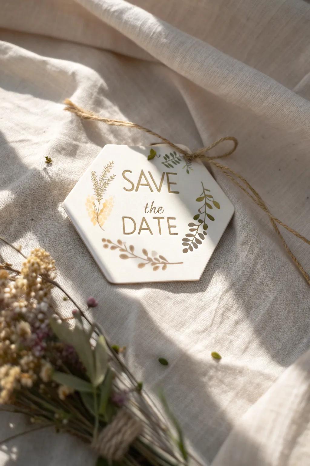 Embrace unique shapes for your DIY Save the Dates: a hexagon card crafted with love and creativity.