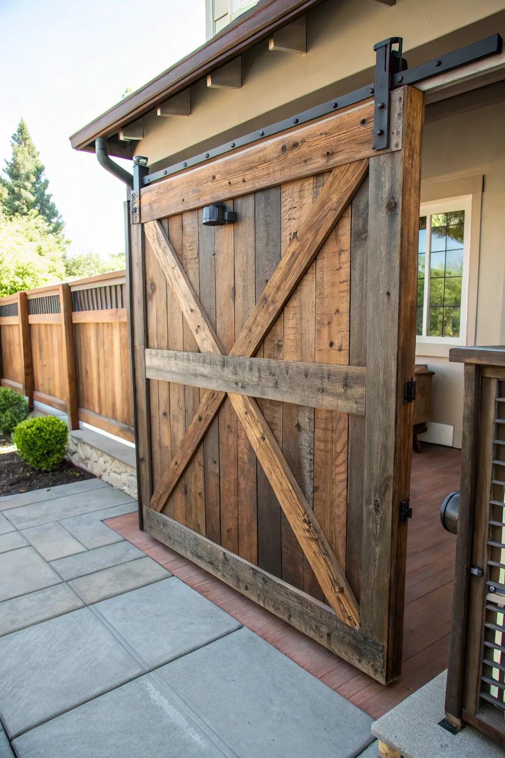 Transform your space with a sliding gate that tells its own story through reclaimed wood.