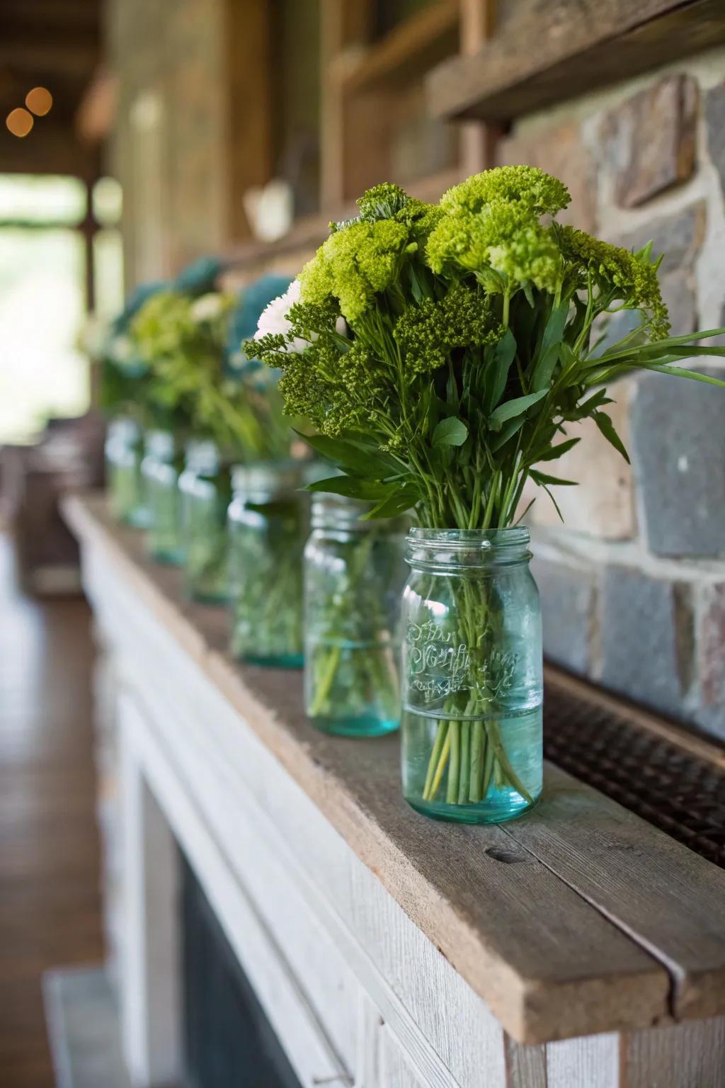 Mason jars filled with greenery offer a fresh and natural decor touch.