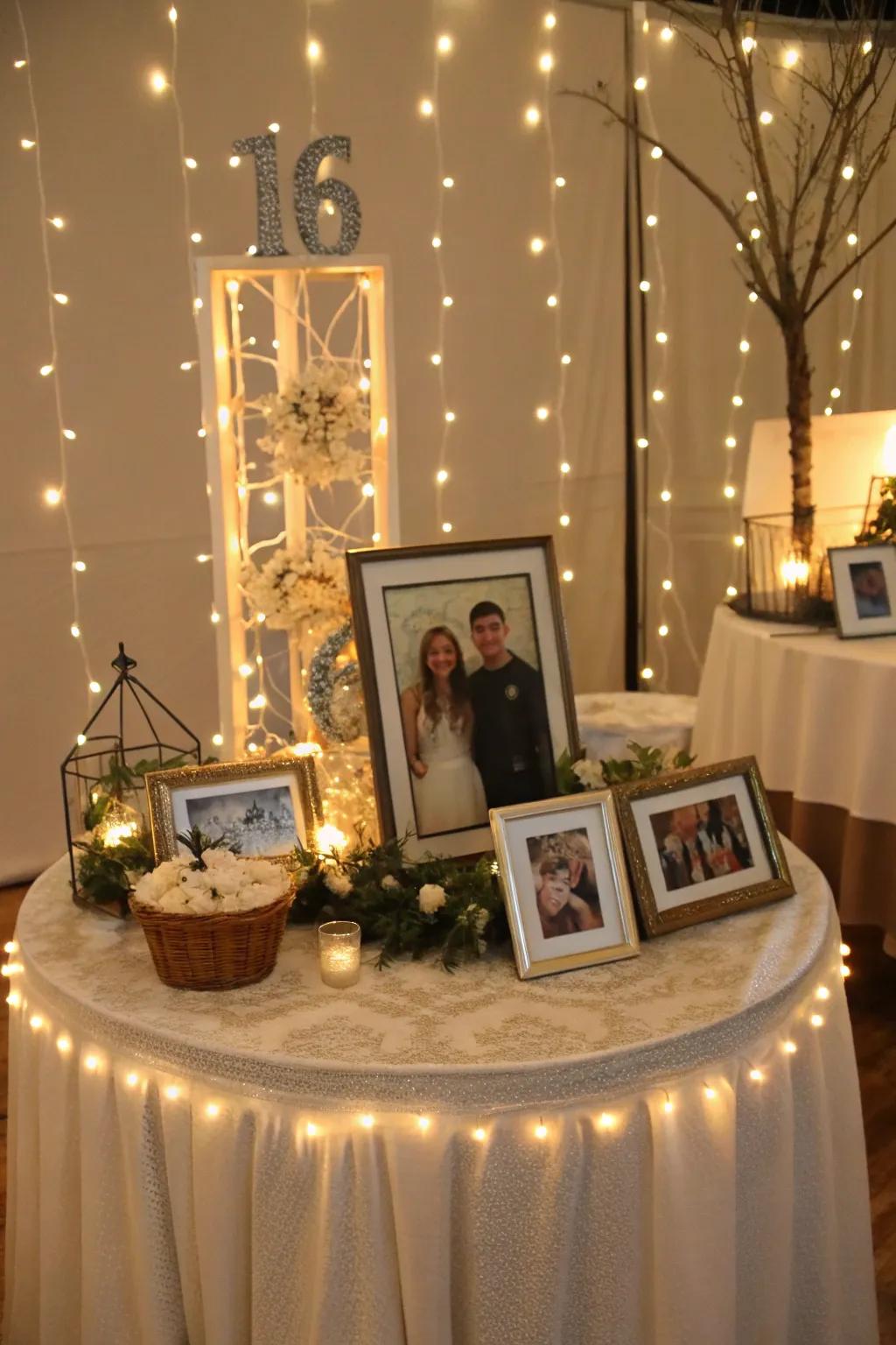 A photo-themed centerpiece brings personal memories to the celebration.