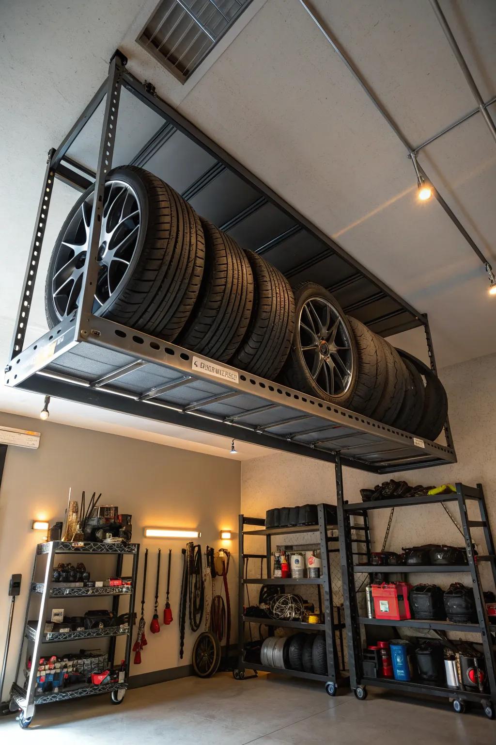Elevate your garage game with a ceiling storage system that combines style and practicality.