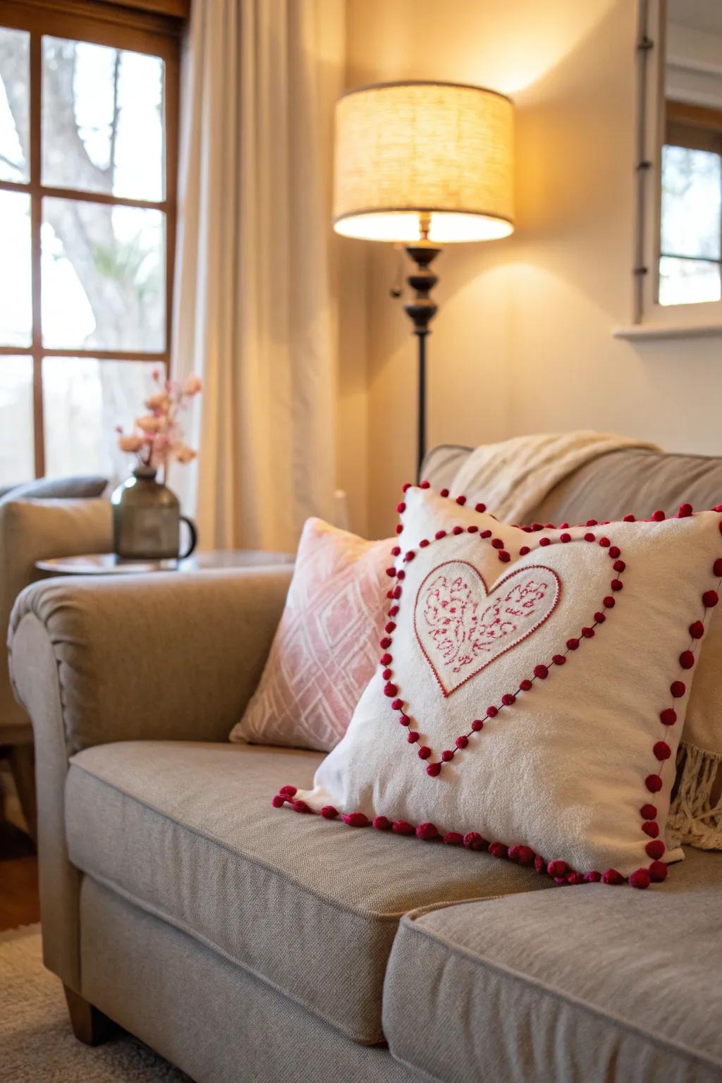 Add cozy charm with a pom pom heart pillow.