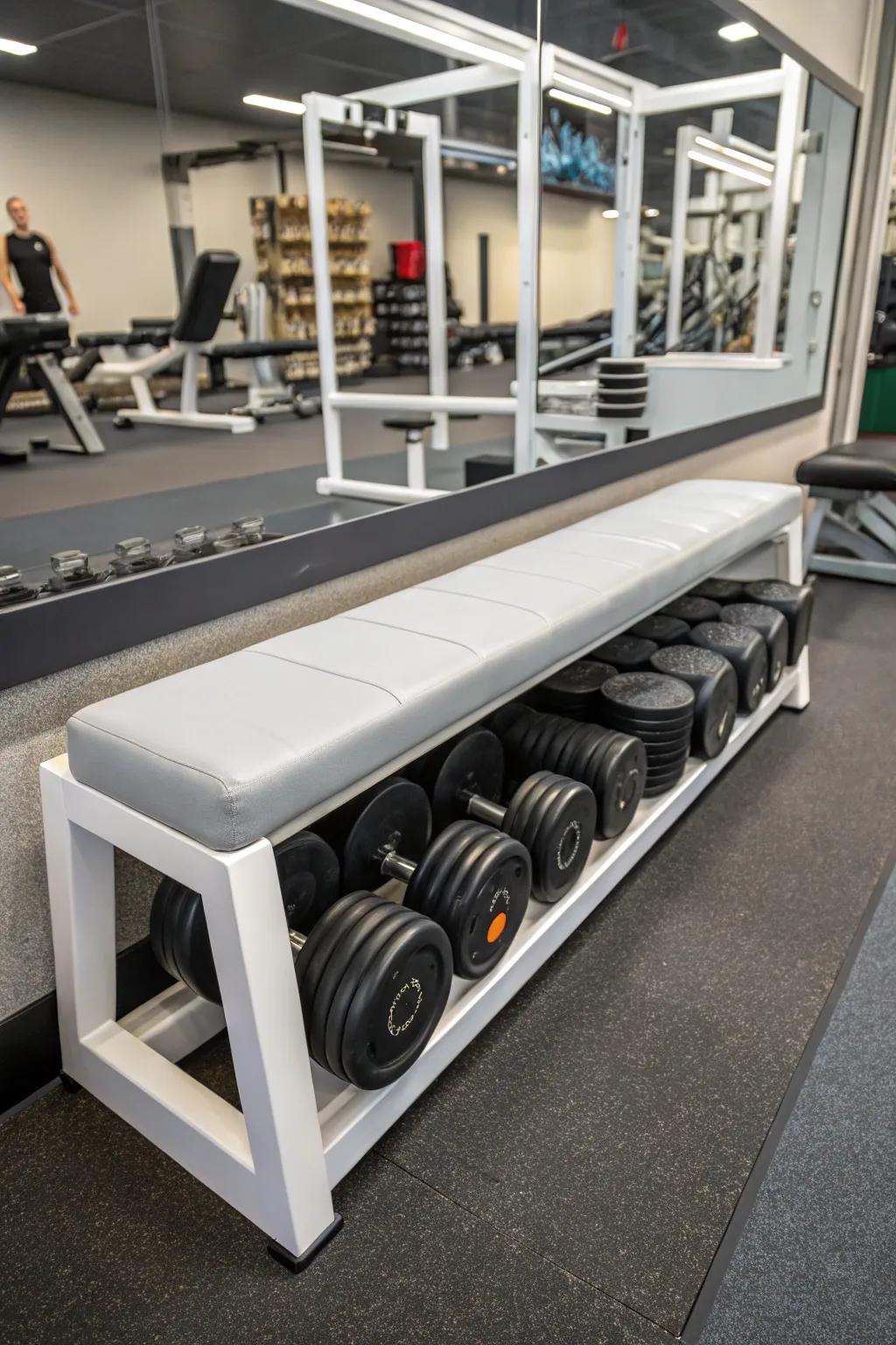 Under-bench storage cleverly maximizes available space.