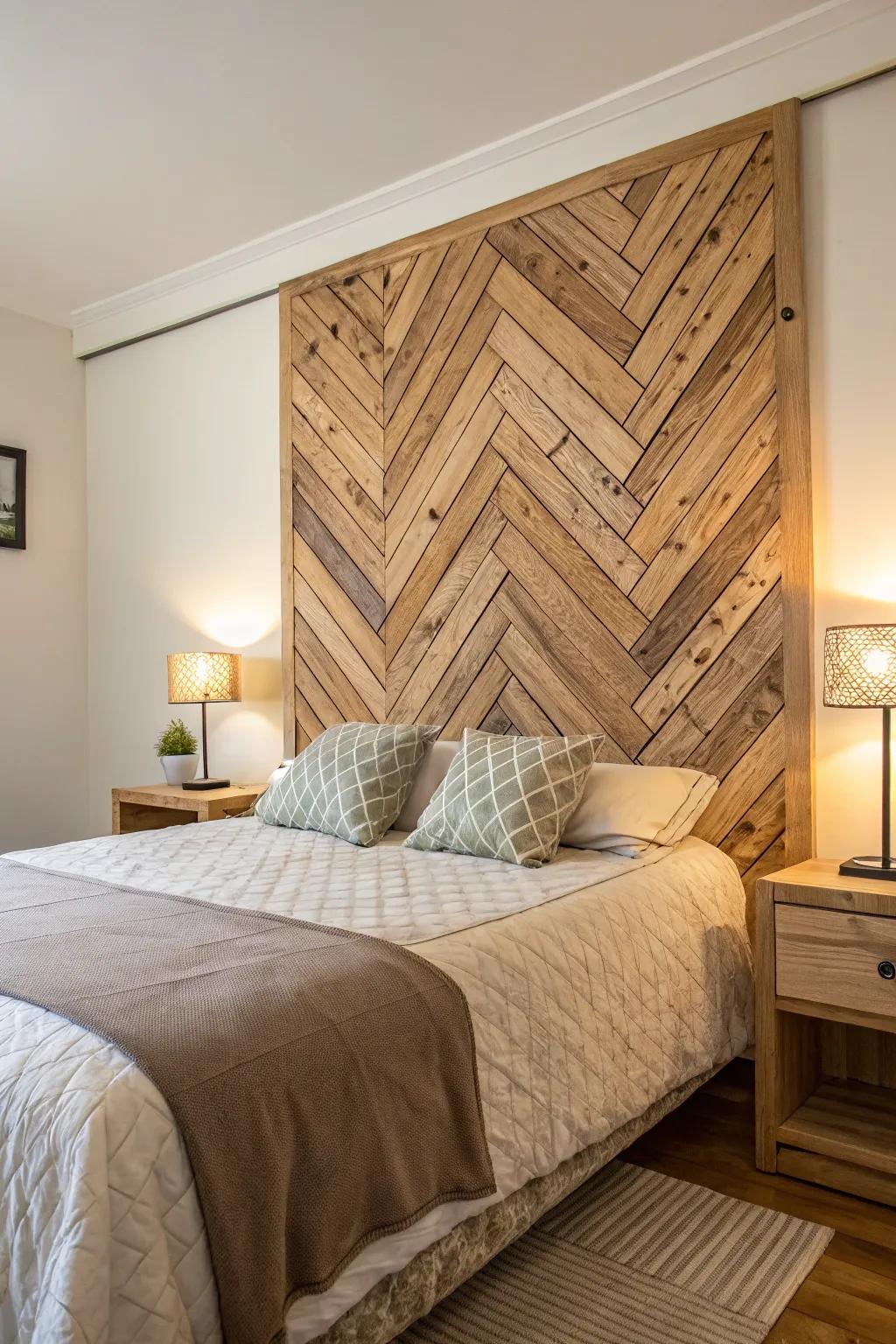 Artistic touch: Textured wooden shims headboard.