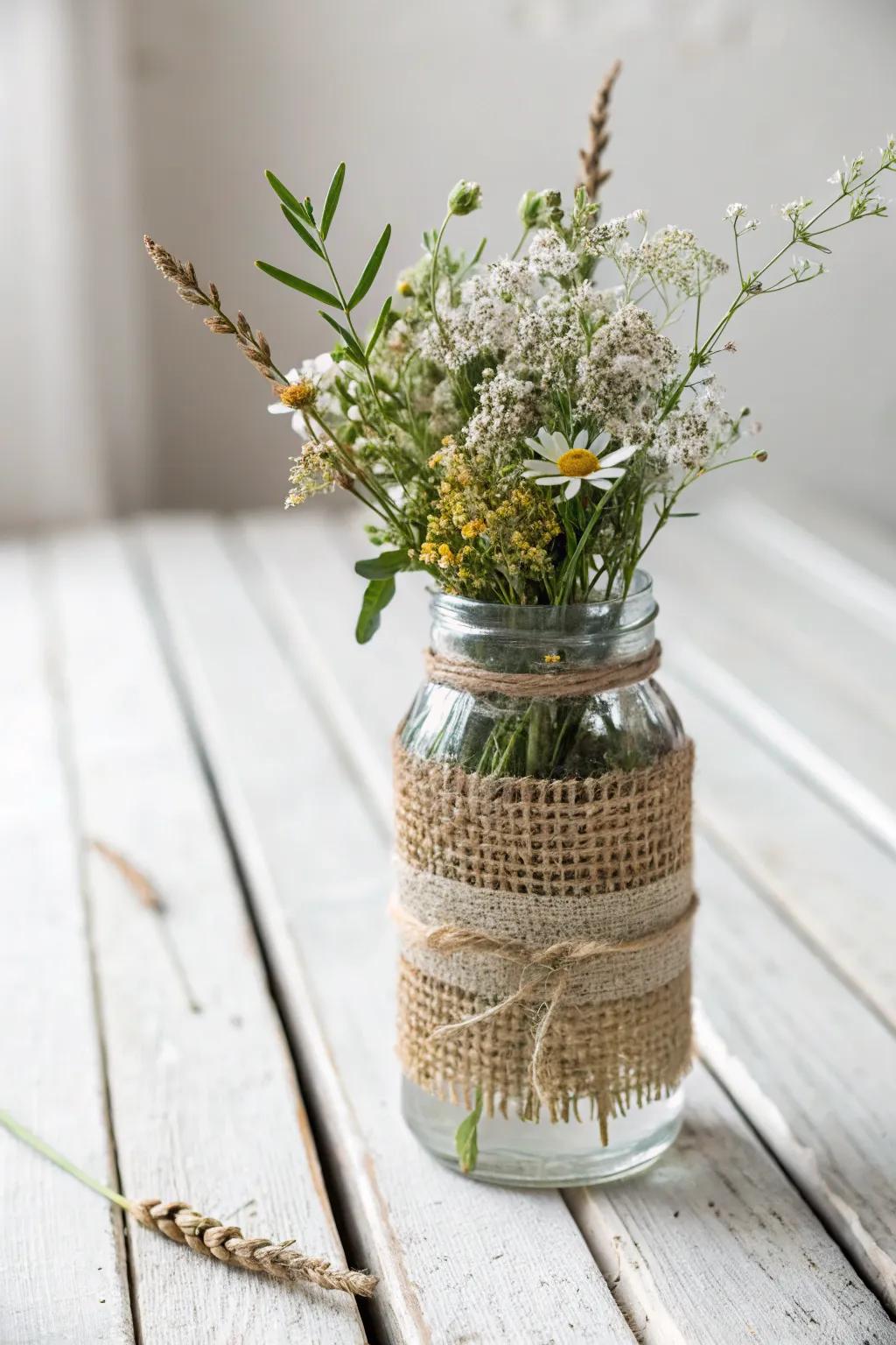 Embrace rustic elegance with burlap-wrapped vases, perfect for a woodland-inspired baby shower centerpiece.