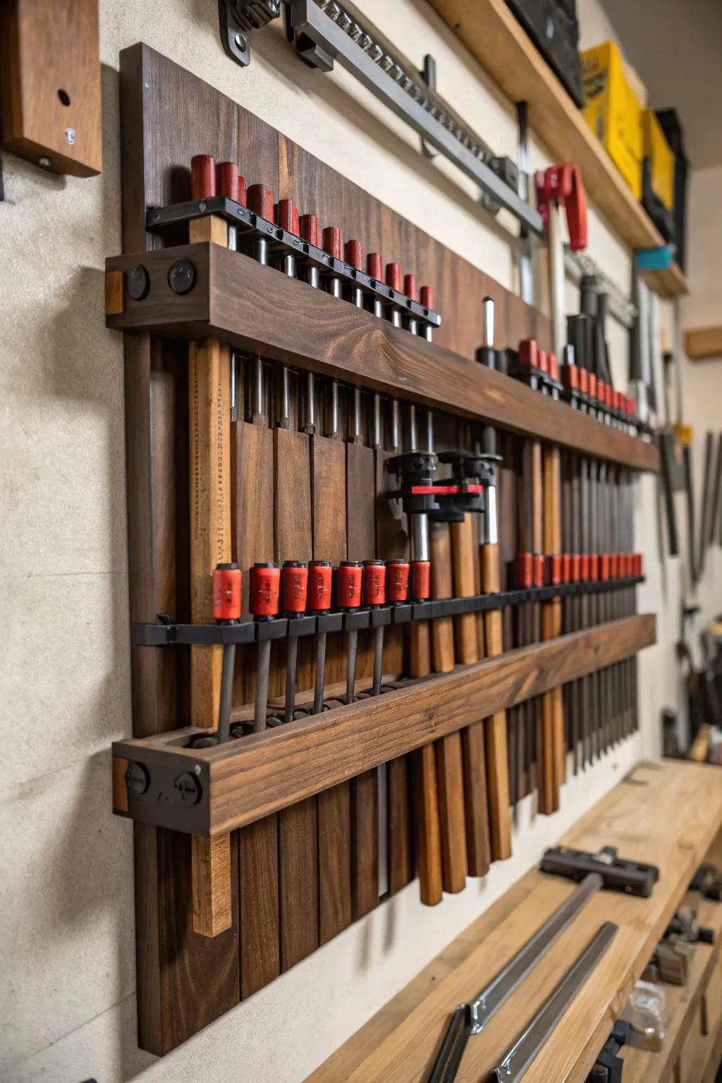 Elevate your workshop with a custom-made clamp rack that combines organization and craftsmanship.