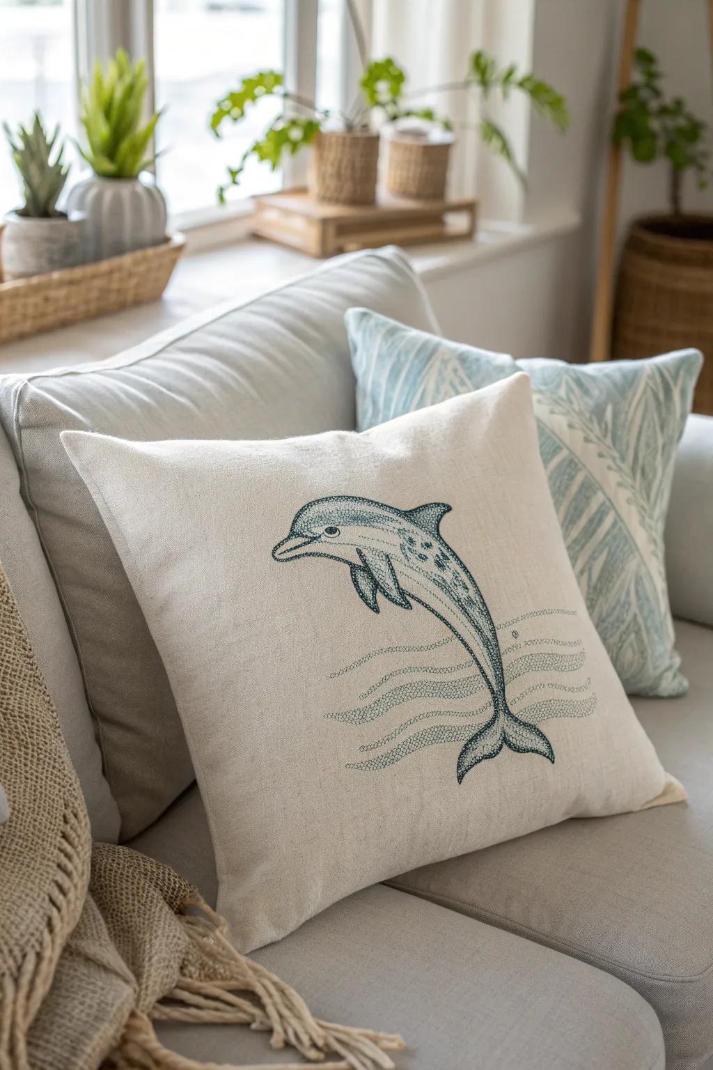 Bring a touch of the ocean into your home with this elegantly stenciled dolphin pillow.