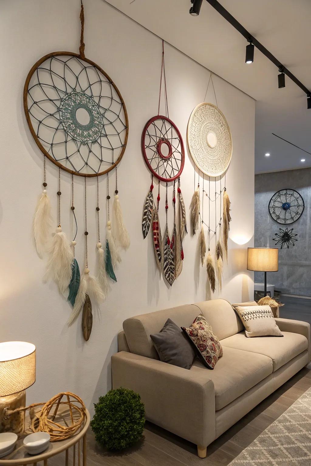 Create a striking wall display with a collection of dream catchers in various sizes.