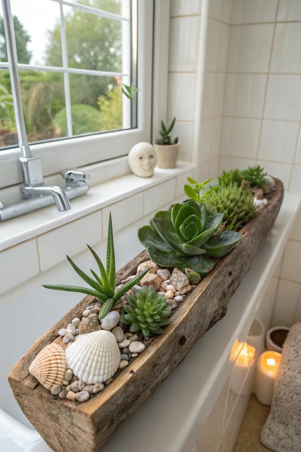 Coastal-inspired driftwood planter with succulents and shells, perfect for a bathroom.