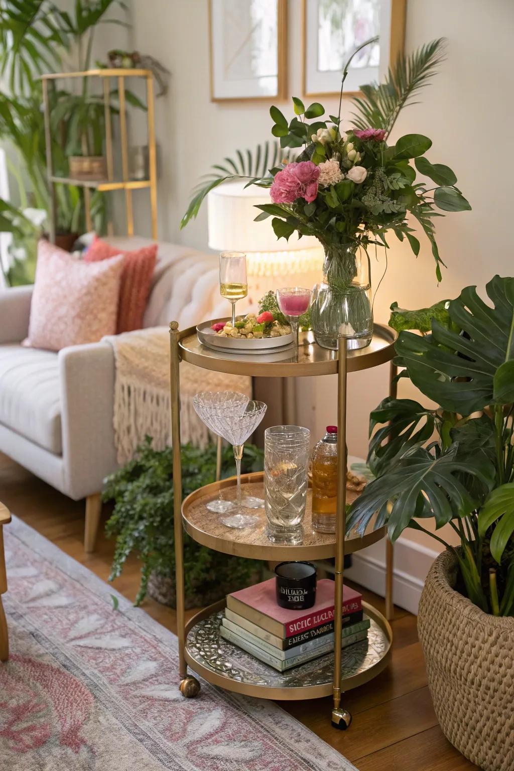 A multi-level drink table in a living room, blending style with functionality.