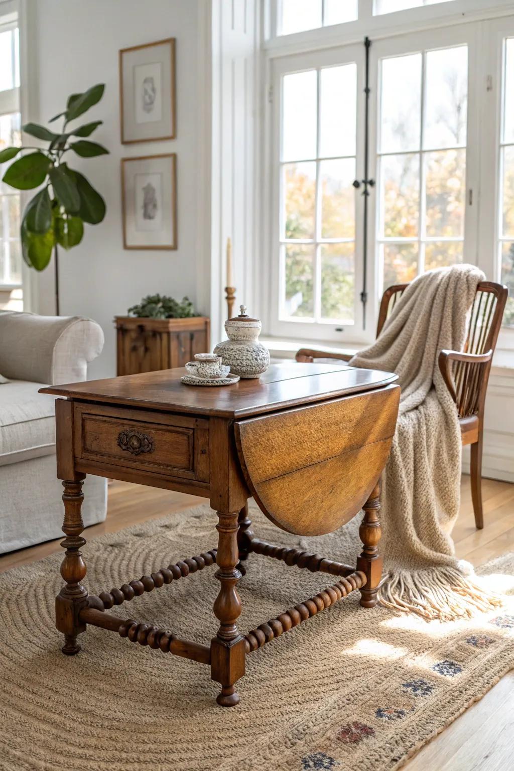 Revive the nostalgia of yesteryear with a vintage drop leaf table that marries elegance with simplicity.
