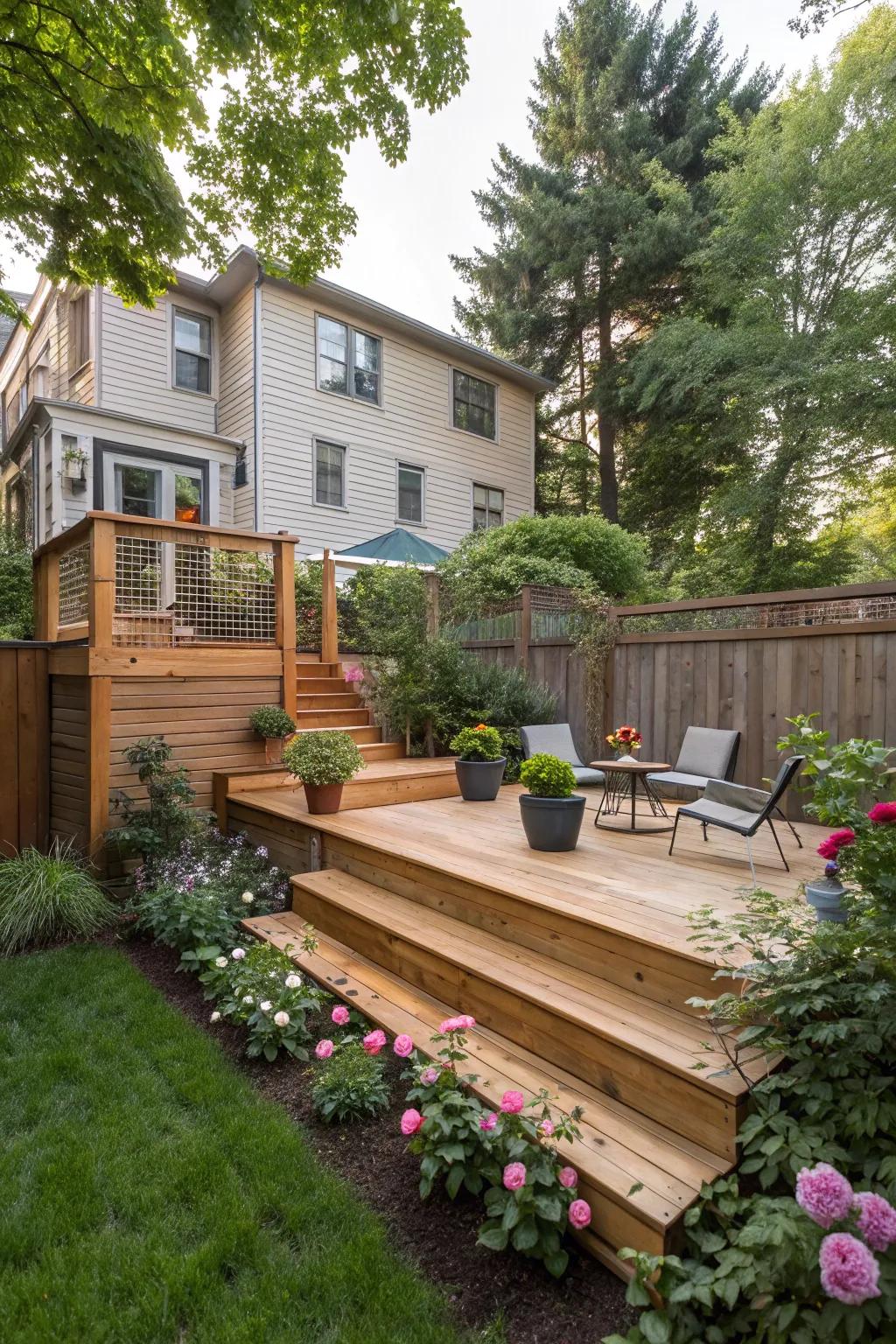 A raised terrace provides a secluded spot to relax and enjoy the view.