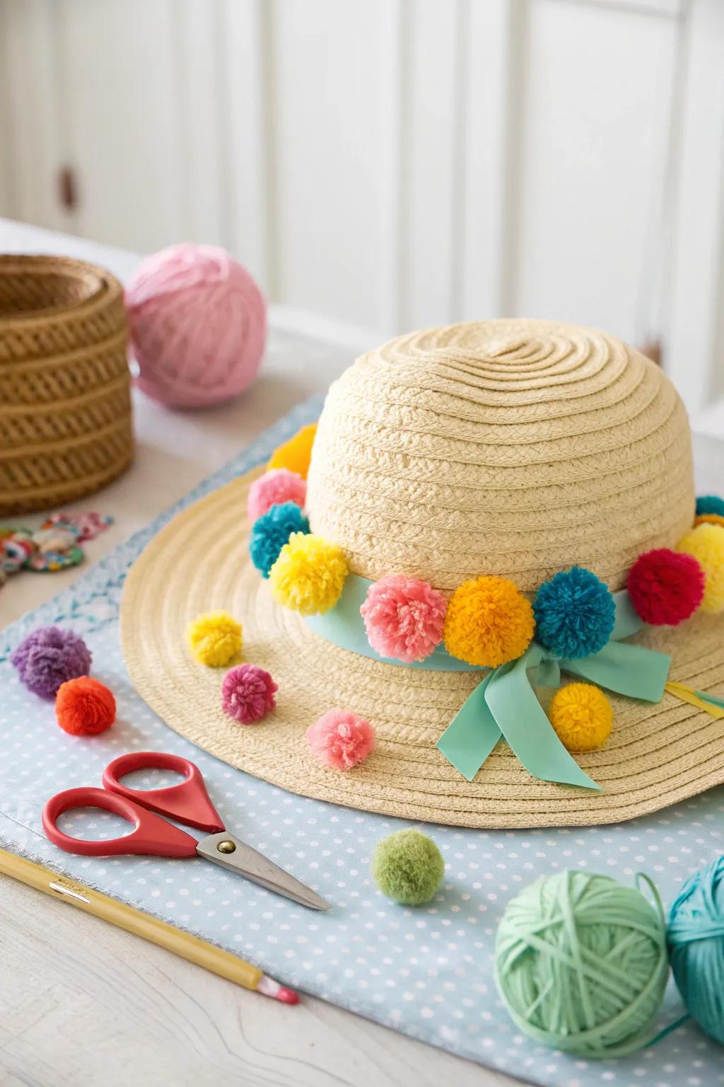 A playful pom-pom Easter bonnet that's sure to stand out.