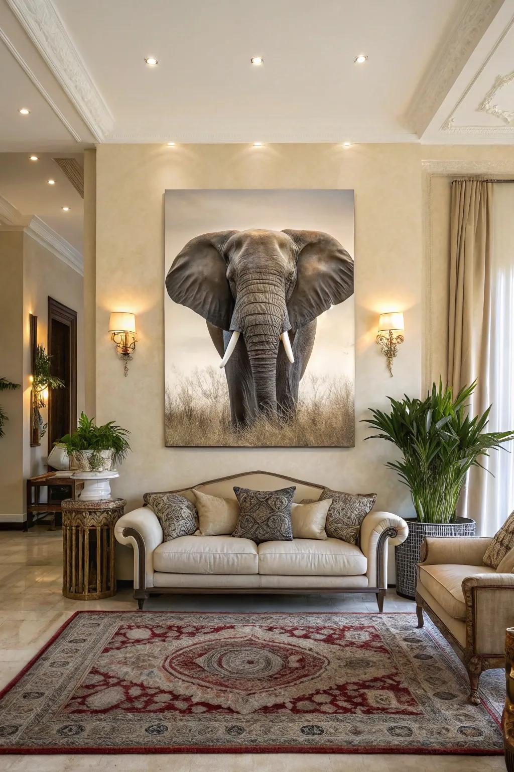 A majestic elephant painting that captivates with its expressive eyes.