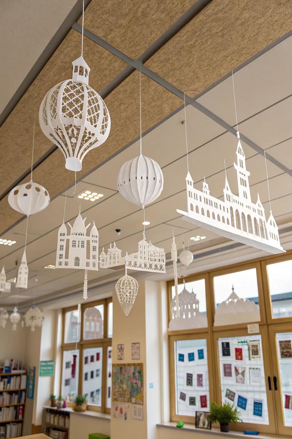 Transform your classroom with a stunning 3D ceiling installation that brings a floating city to life!