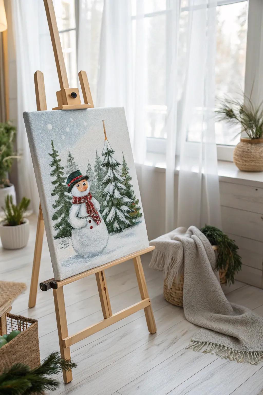 Capture the serene beauty of winter with a handcrafted snowman painting, elegantly framed by evergreen trees.