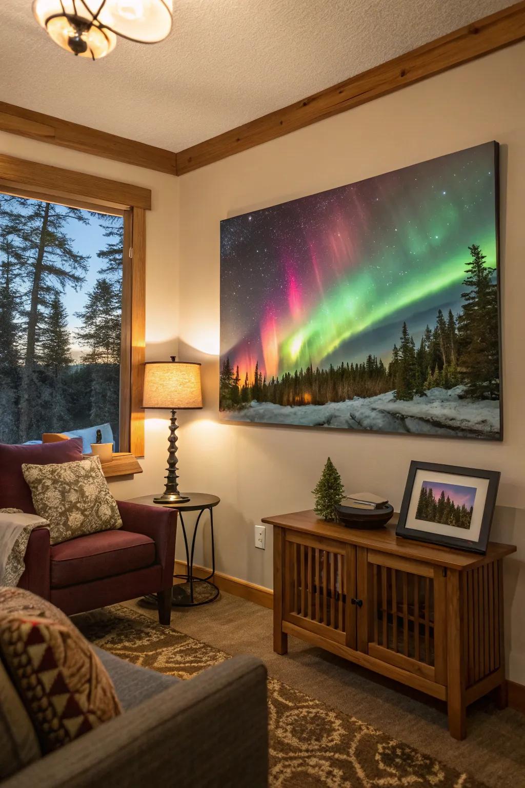 Bring the magic of the northern lights into your home with this vibrant painting.