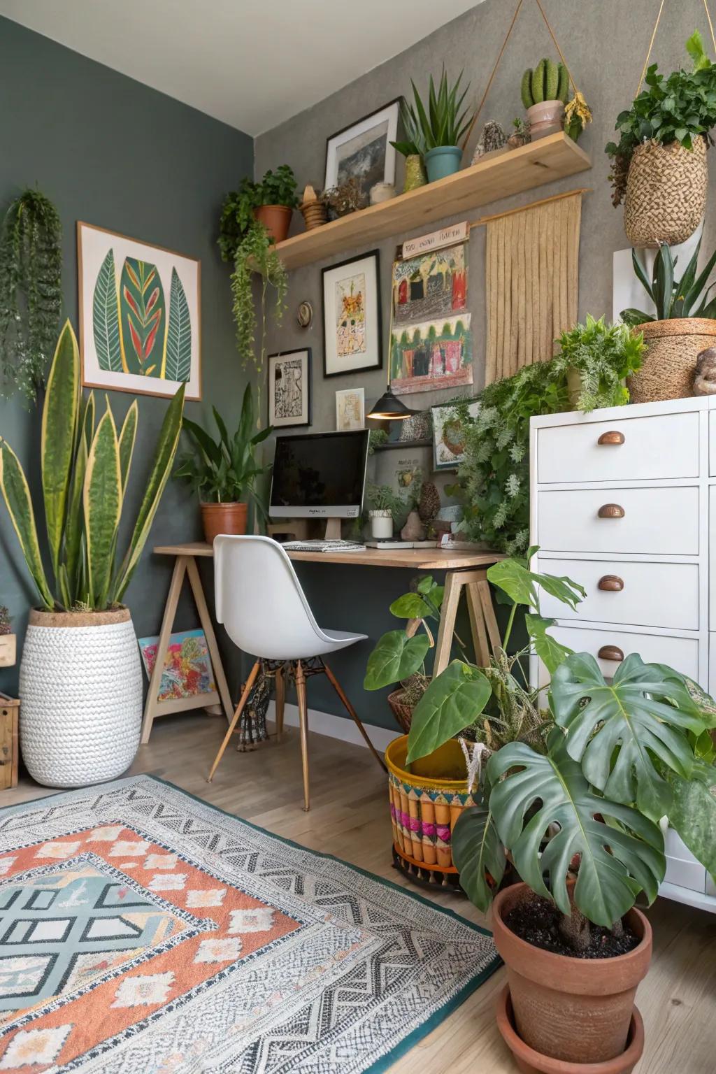 Greenery adds a refreshing touch to this eclectic home office.