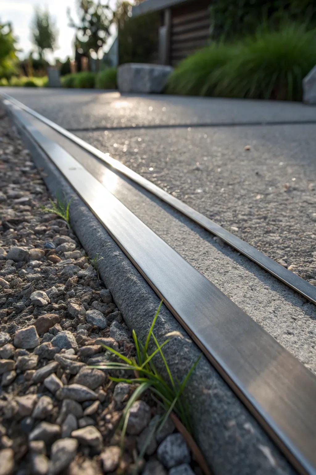 Elevate your driveway's style with sleek metal edging for a modern touch.