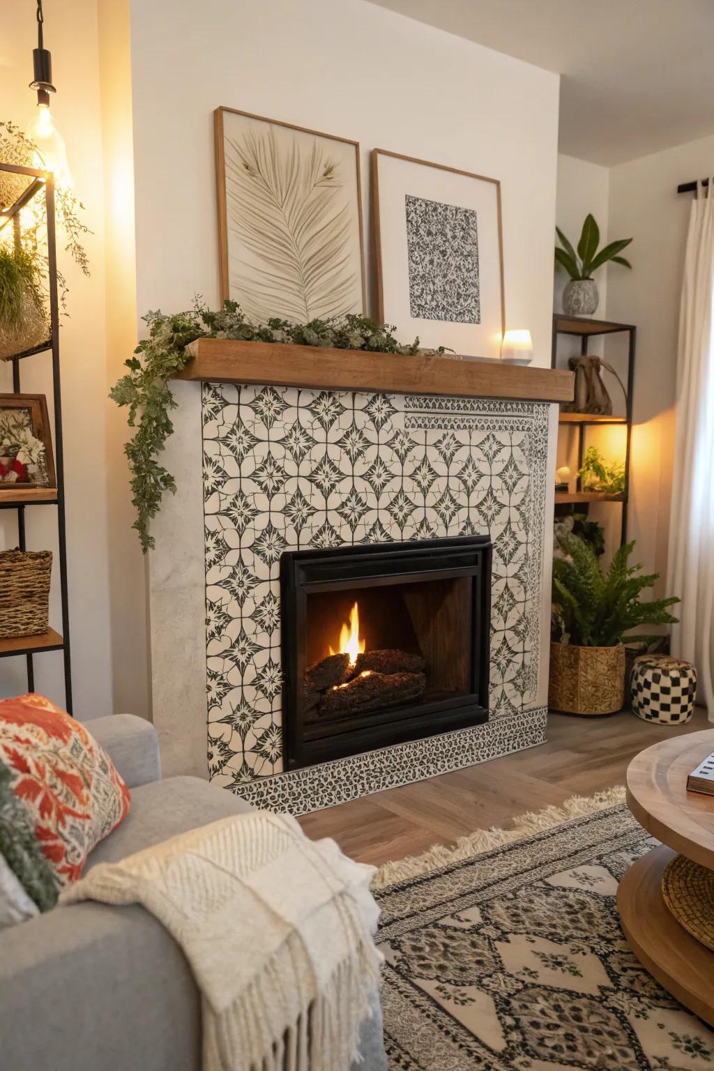 Make a bold statement with patterned cement tiles around your fireplace.