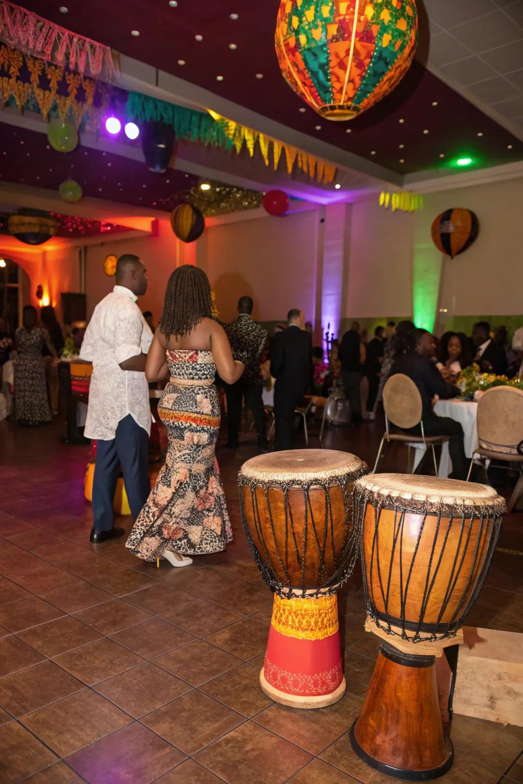 African drum music sets a lively and inviting atmosphere.