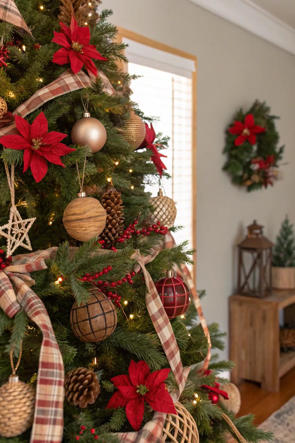 A farmhouse-themed Christmas tree offers warmth and rustic charm.