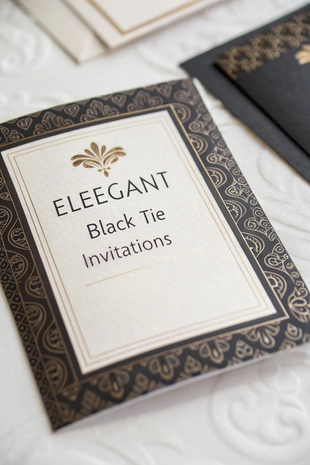 Elegant invitations with foil stamping set the tone for a refined black tie event.