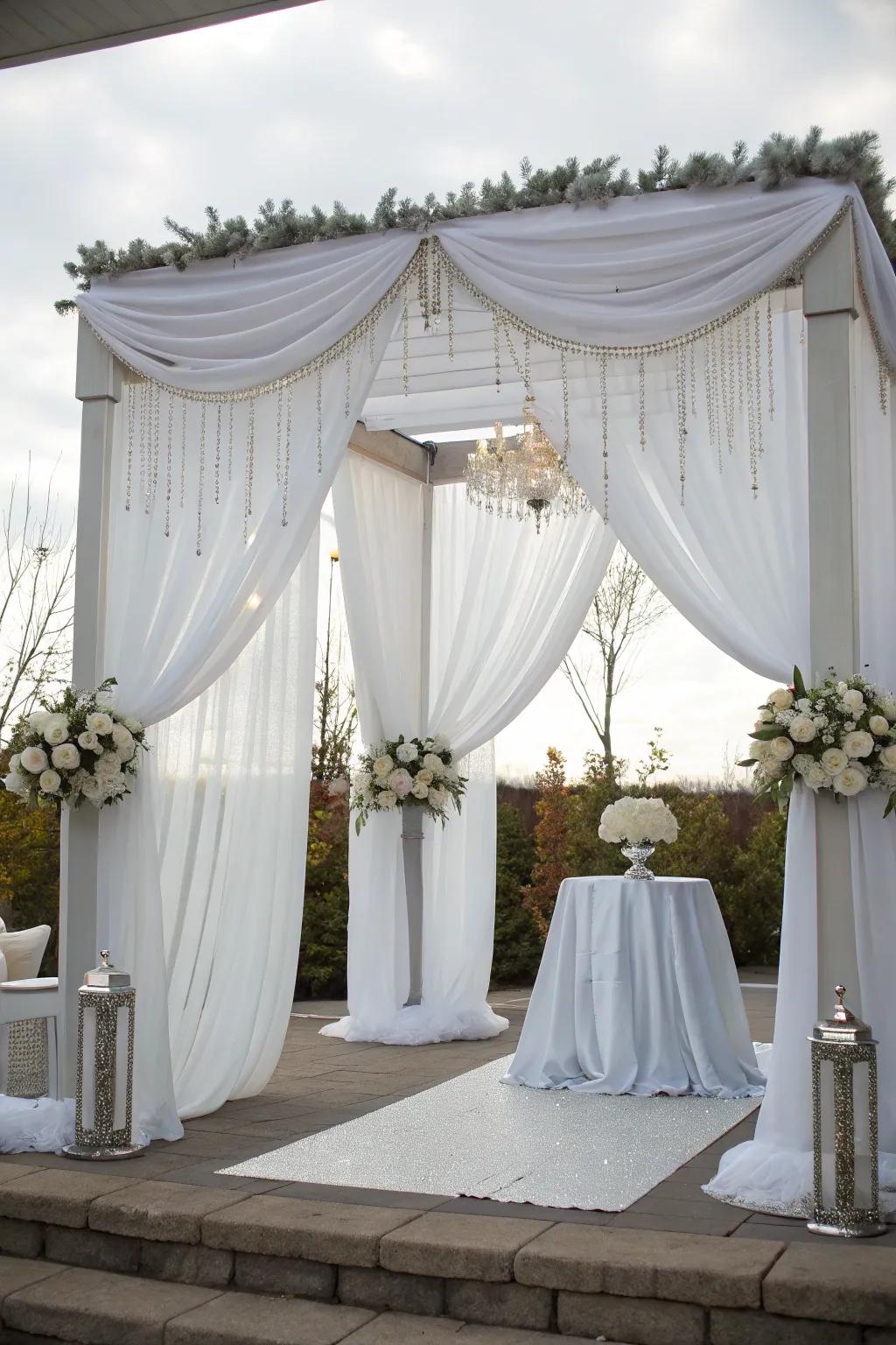 A white and silver backdrop creates elegance.