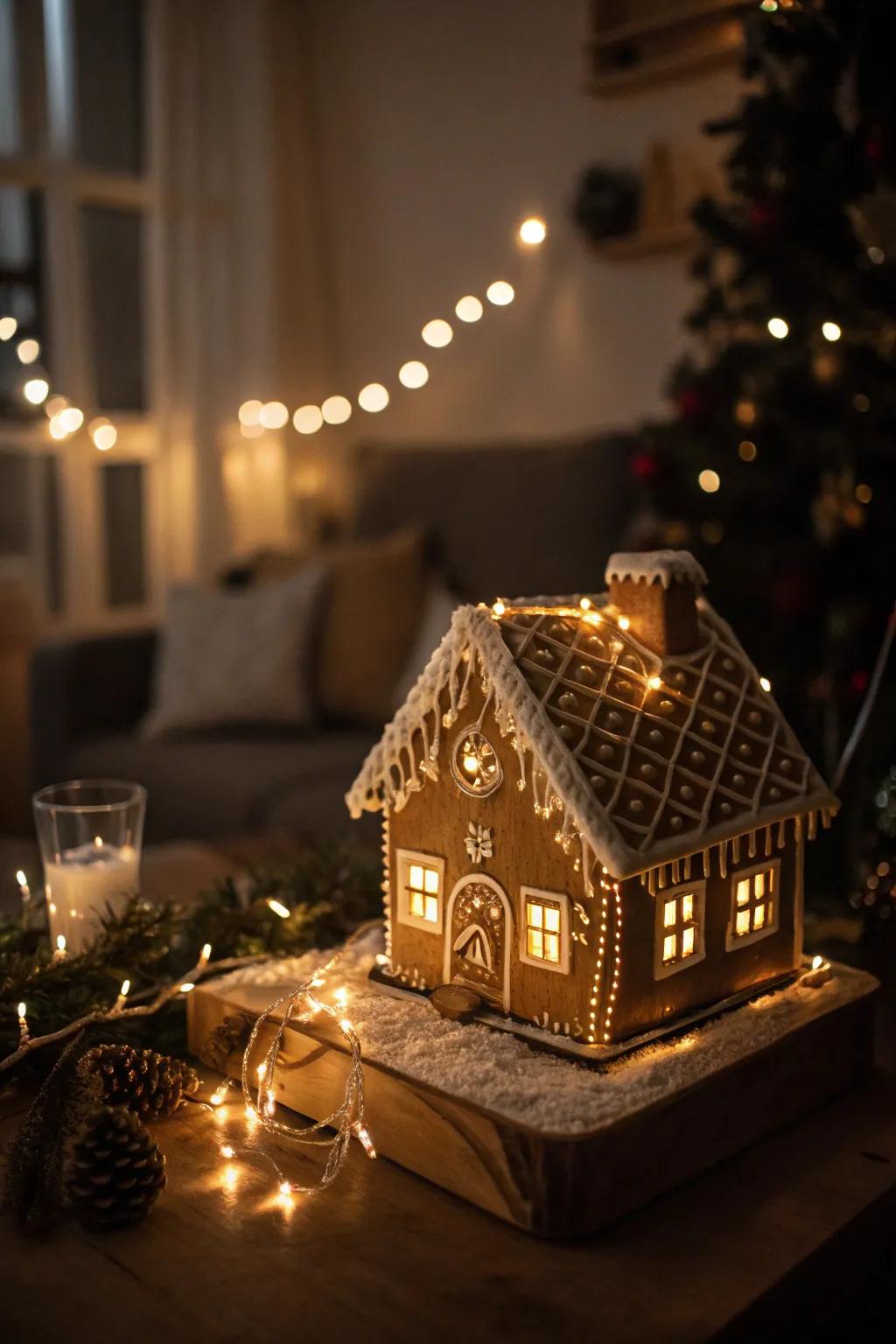 A fairy tale gingerbread house illuminated by fairy lights.