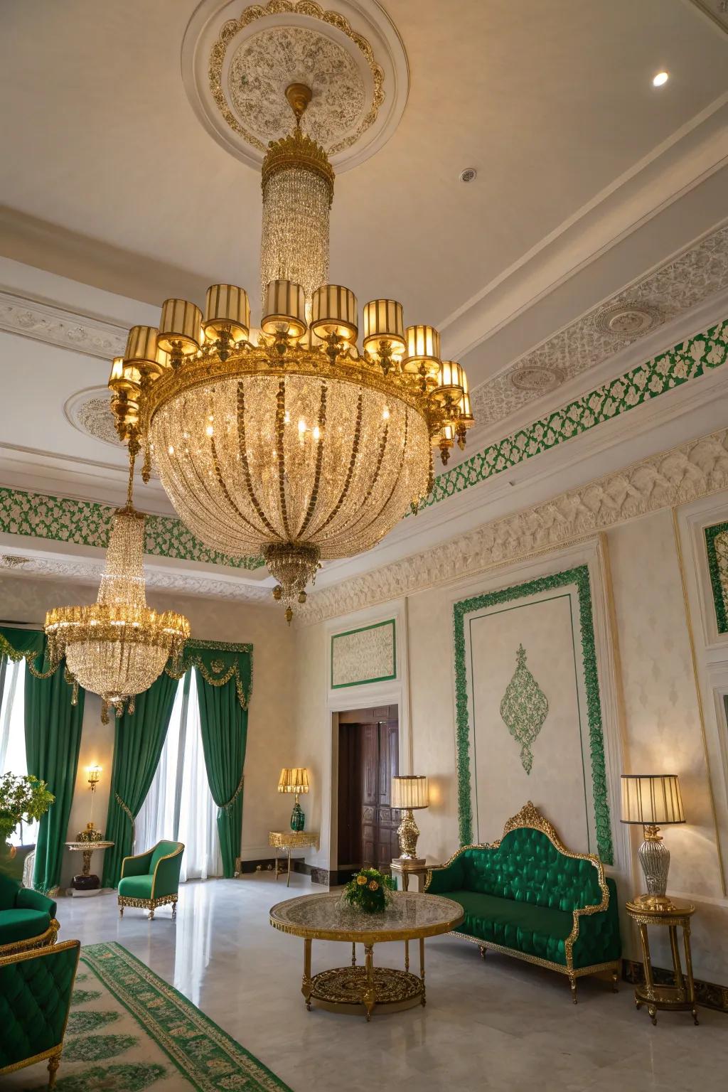 A gold chandelier that adds warmth and elegance to a room with emerald green accents.