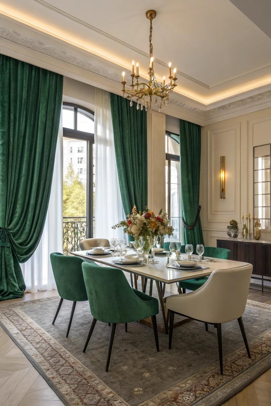 Emerald green drapes add elegance and depth to dining rooms.