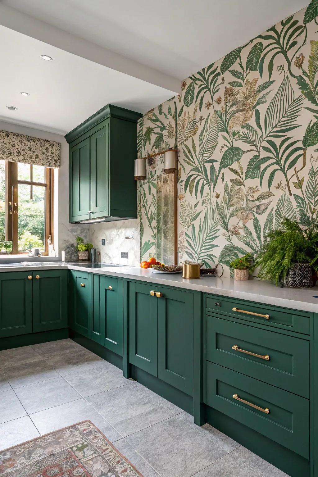 A lush kitchen with botanical wallpaper beautifully paired with emerald green cabinetry.