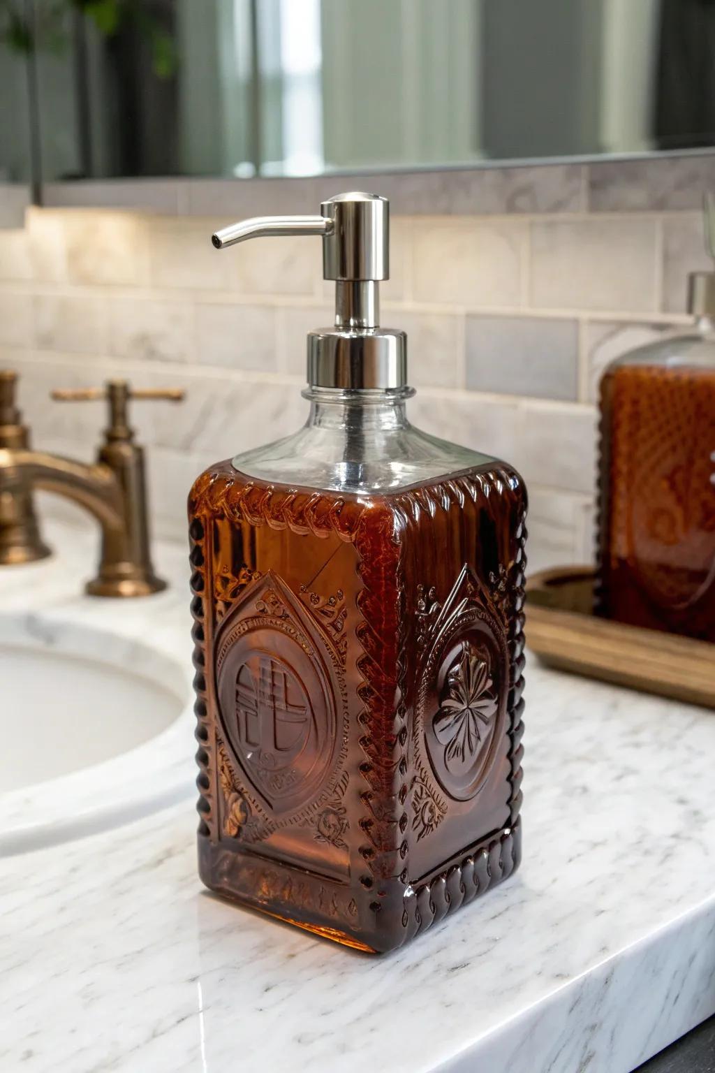 Transform your space with a touch of vintage elegance: a bourbon bottle soap dispenser.