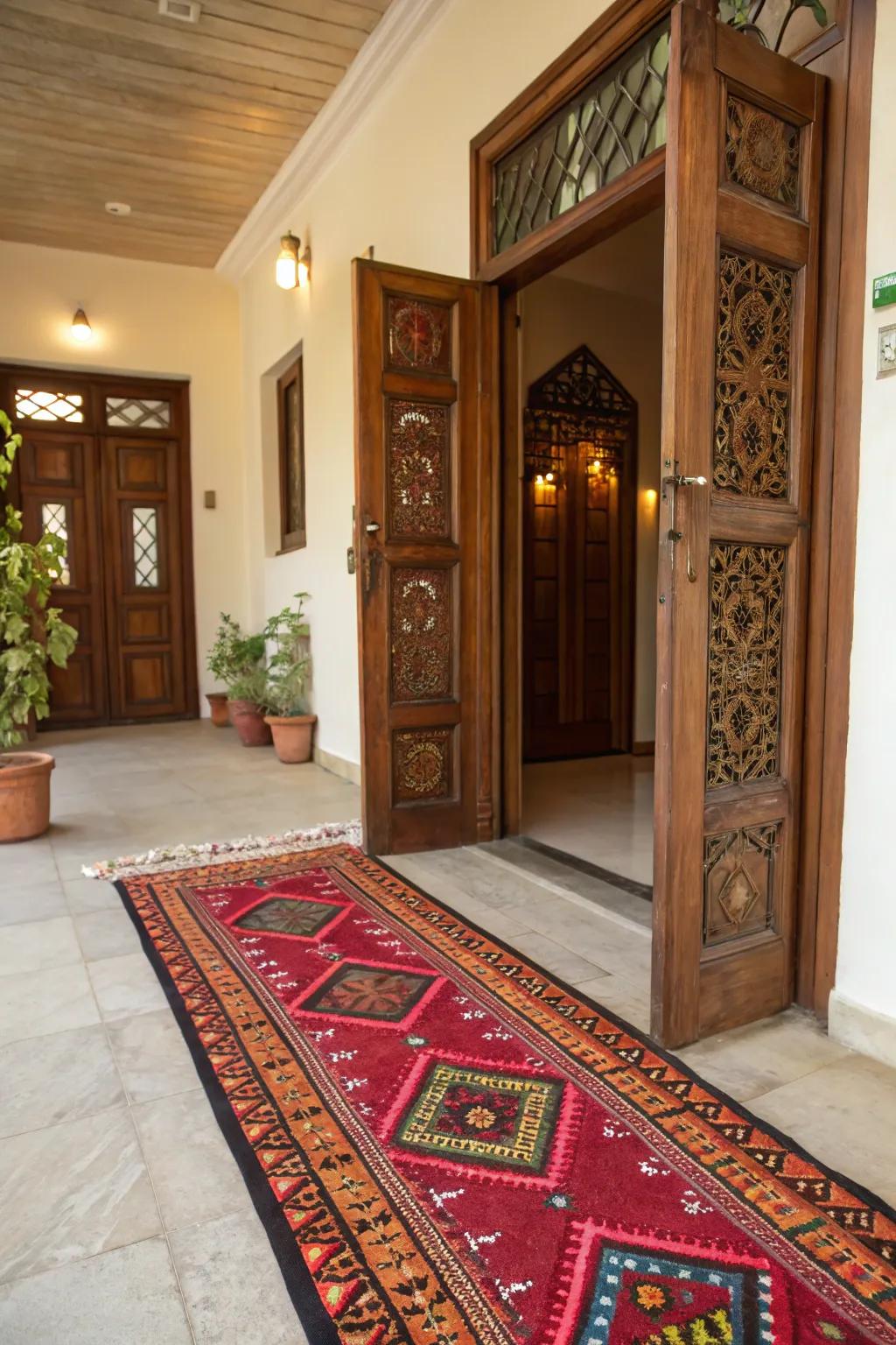 Rich textiles adding color and texture to the entrance floor.