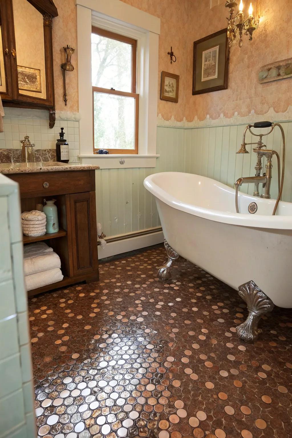 Unique penny floor sealed with epoxy in a vintage-inspired bathroom.