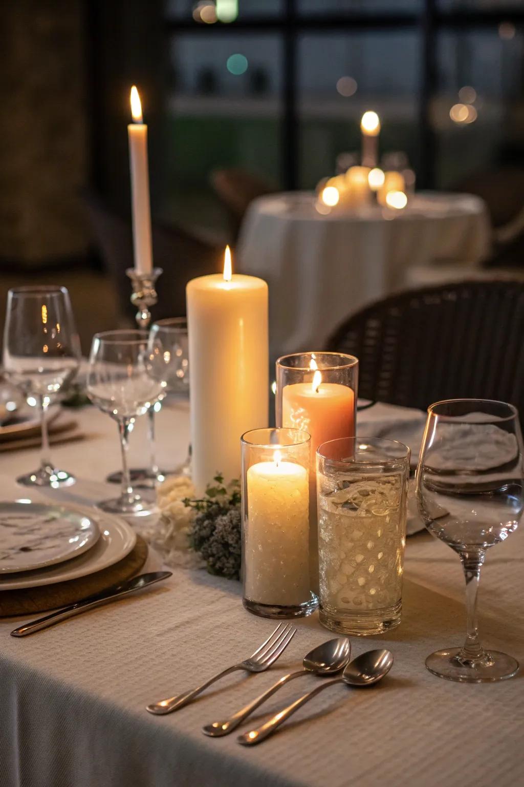 Moody cocktail table setting with candlelight.